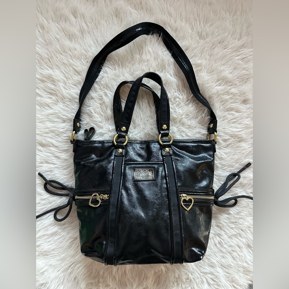 Coach Poppy Daisy Liquid Gloss Pocket Tote shoulder bag Black Leather F20047